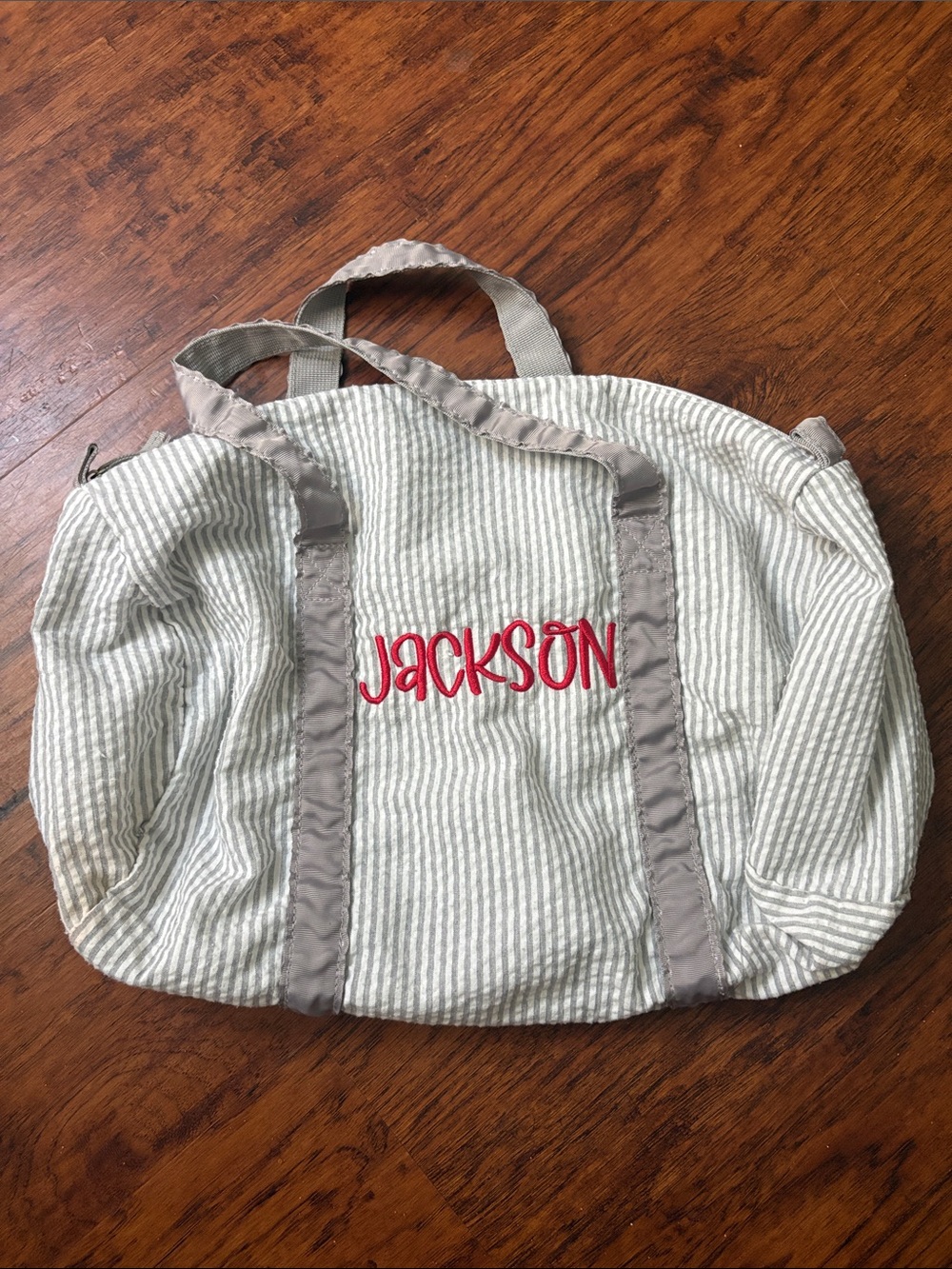 Personalized Kids Tote Bag in White and Gray with Red Embroidery